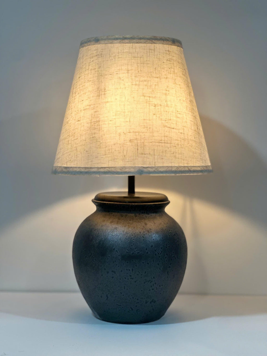 Handmade Ceramic Table Lamp, Bat Trang Inspired Stoneware Base, Wooden Detail, Fabric Shade, Warm Ambient Light