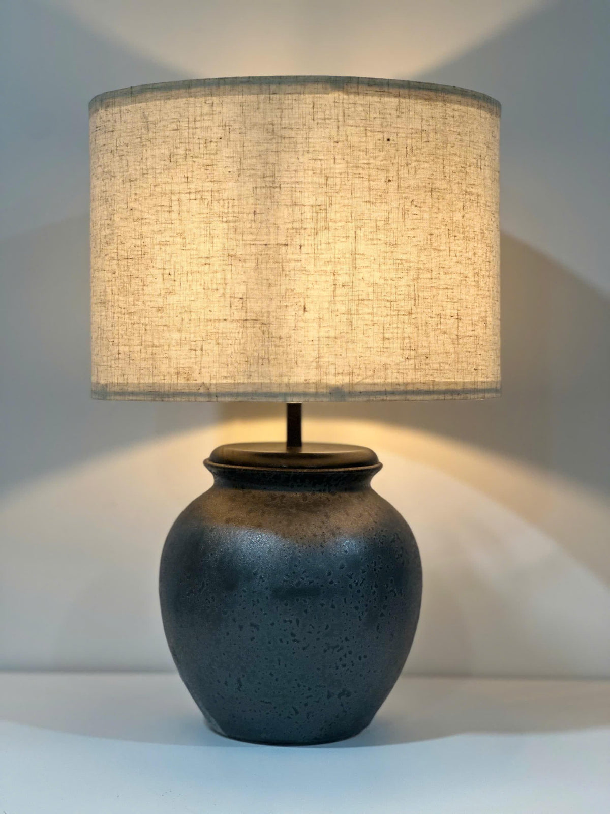 Handmade Ceramic Table Lamp, Bat Trang Inspired Stoneware Base, Wooden Detail, Fabric Shade, Warm Ambient Light