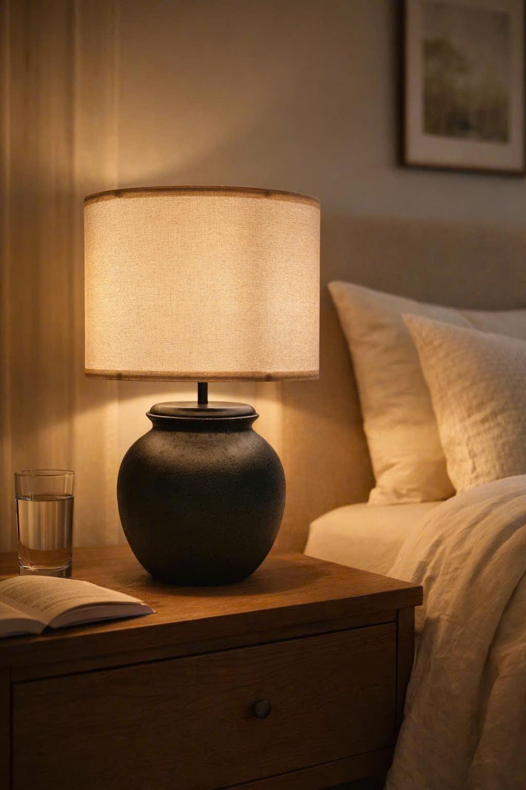 Handmade Ceramic Table Lamp, Bat Trang Inspired Stoneware Base, Wooden Detail, Fabric Shade, Warm Ambient Light