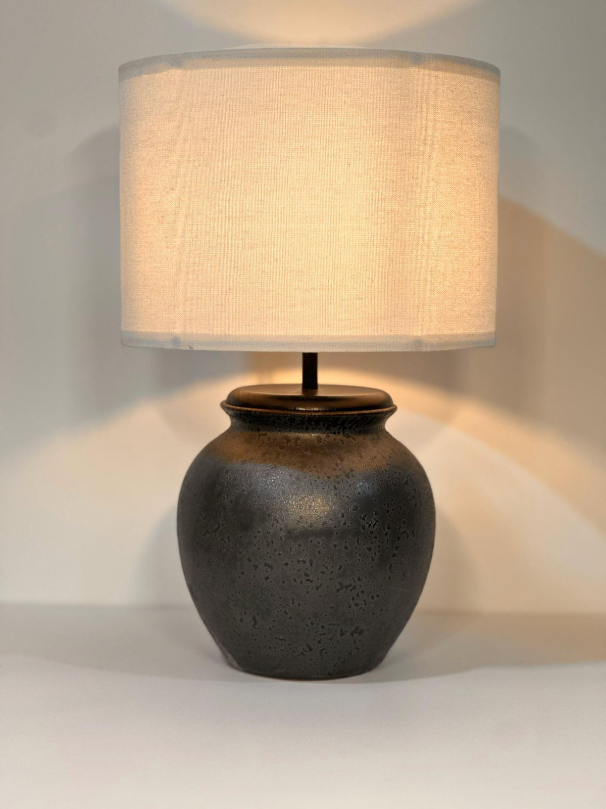 Handmade Ceramic Table Lamp, Bat Trang Inspired Stoneware Base, Wooden Detail, Fabric Shade, Warm Ambient Light