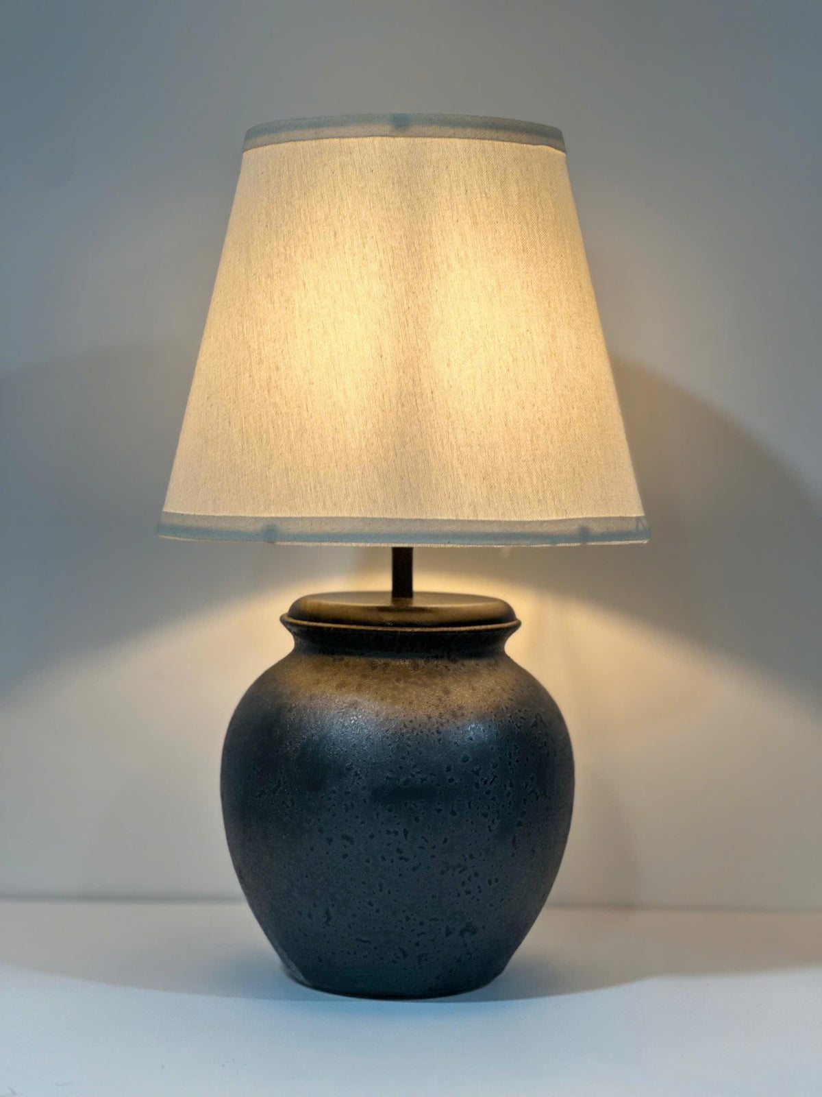 Handmade Ceramic Table Lamp, Bat Trang Inspired Stoneware Base, Wooden Detail, Fabric Shade, Warm Ambient Light