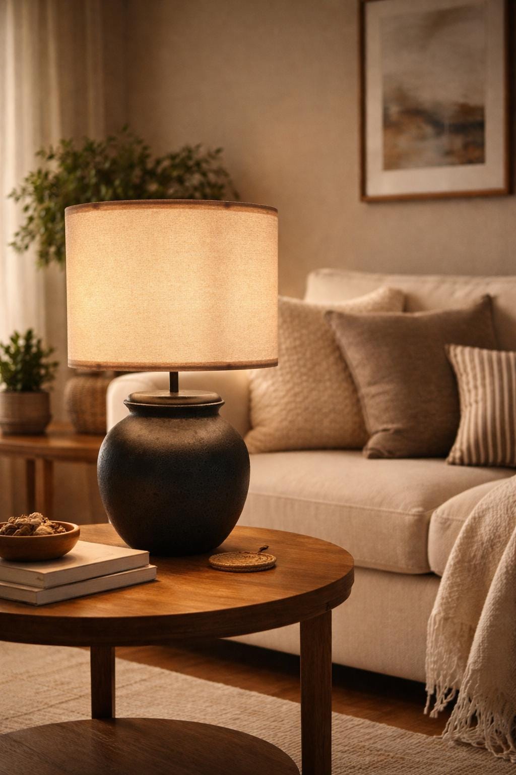 Handmade Ceramic Table Lamp, Bat Trang Inspired Stoneware Base, Wooden Detail, Fabric Shade, Warm Ambient Light