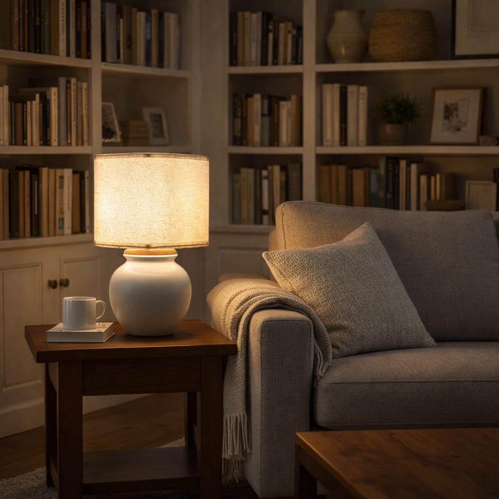 Handmade White Ceramic Table Lamp, Bat Trang Pottery Viet Nam, Timeless Minimalist Design