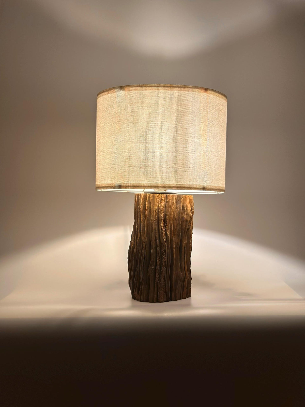 Handcrafted Natural Wood Table Lamp – Rustic Base, Linen Shade, Wabi Sabi Decor
