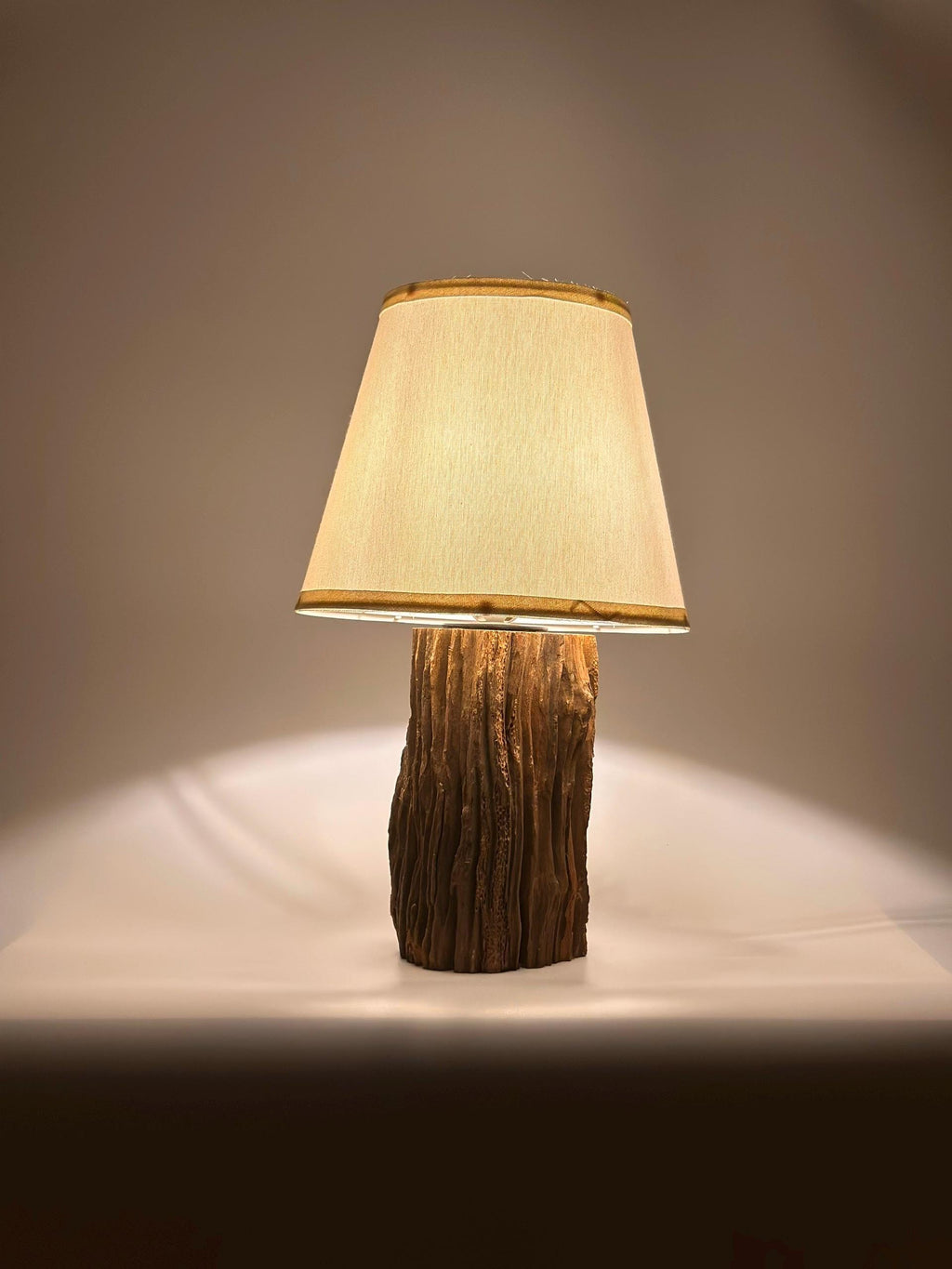 Handcrafted Natural Wood Table Lamp – Rustic Base, Linen Shade, Wabi Sabi Decor