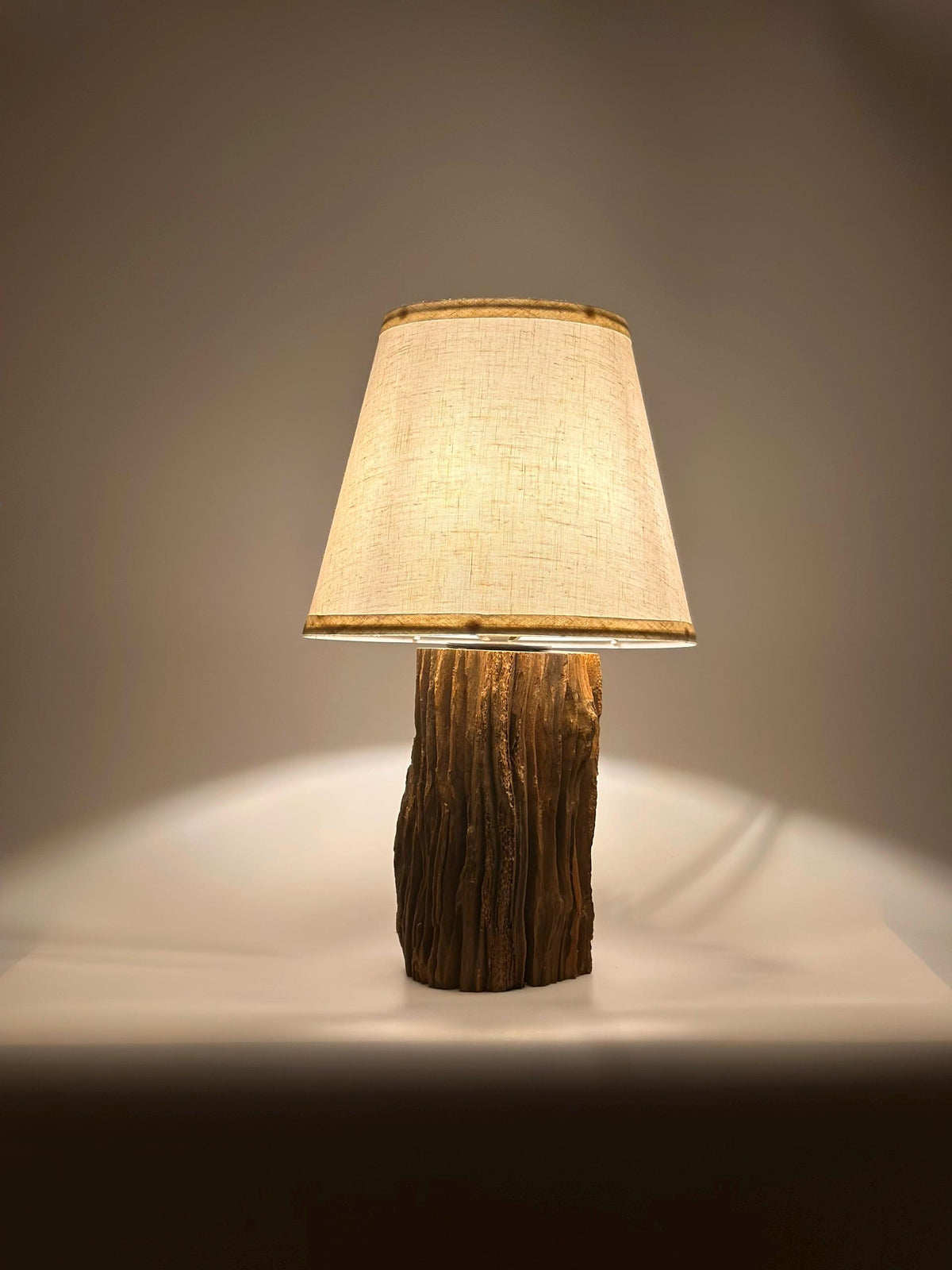 Handcrafted Natural Wood Table Lamp – Rustic Base, Linen Shade, Wabi Sabi Decor