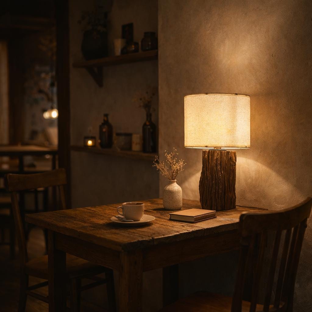 Handcrafted Natural Wood Table Lamp – Rustic Base, Linen Shade, Wabi Sabi Decor