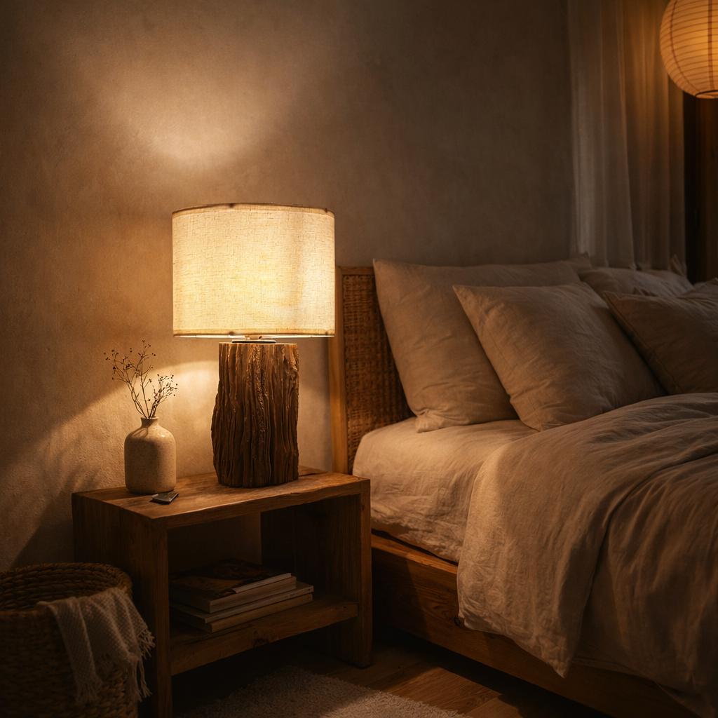 Handcrafted Natural Wood Table Lamp – Rustic Base, Linen Shade, Wabi Sabi Decor