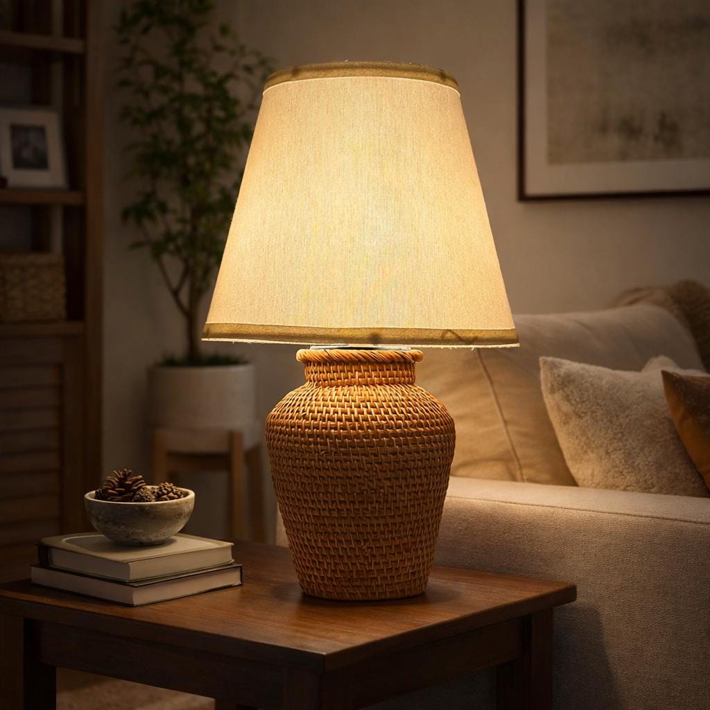 Handwoven Rattan Table Lamp with Warm Ambient Light – Handmade Natural Wicker Lamp, Timeless Cozy Decor