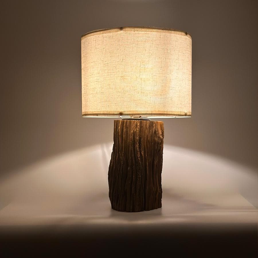 Handcrafted Natural Wood Table Lamp – Rustic Base, Linen Shade, Wabi Sabi Decor