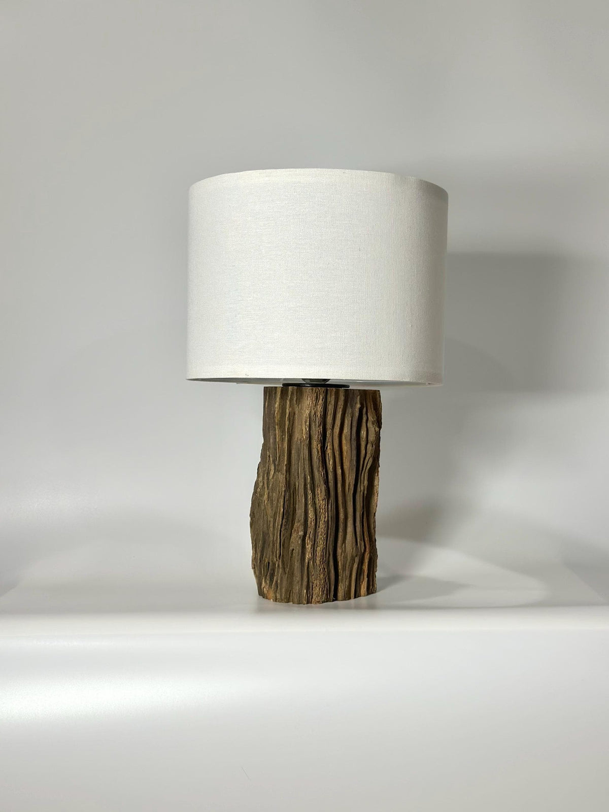 Handcrafted Natural Wood Table Lamp – Rustic Base, Linen Shade, Wabi Sabi Decor