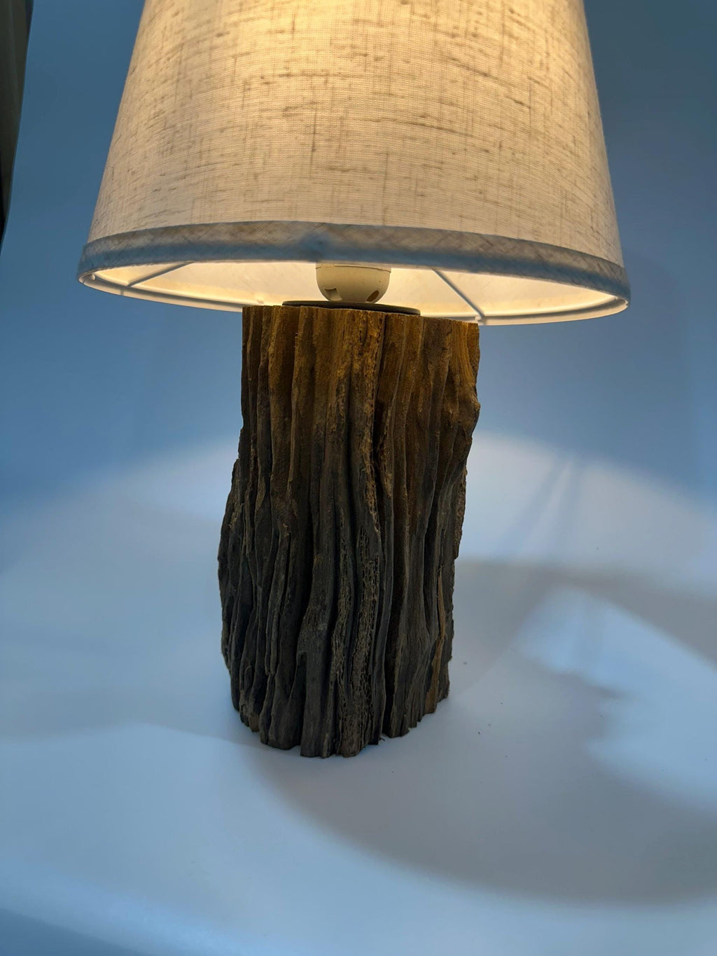 Handcrafted Natural Wood Table Lamp – Rustic Base, Linen Shade, Wabi Sabi Decor