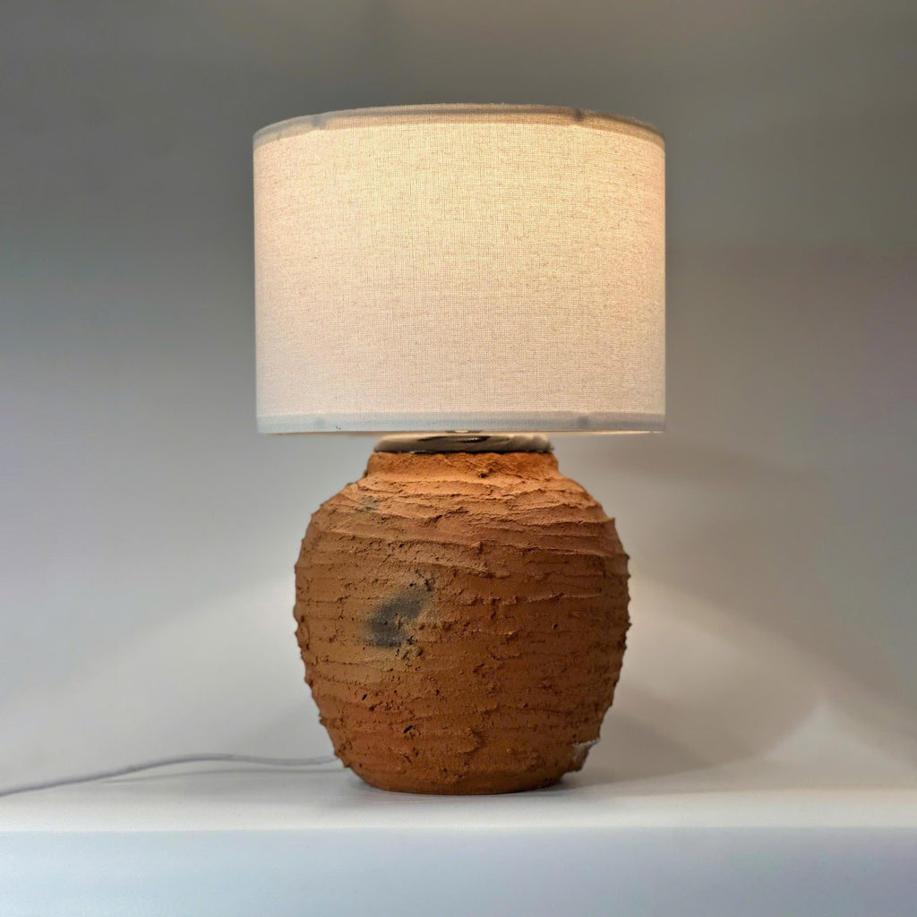 Handcrafted Cham Pottery Table Lamp, Ninh Thuan Vietnam Terracotta Ceramic Base, Artisan Vase Design, Minimalist Rustic Home Decor