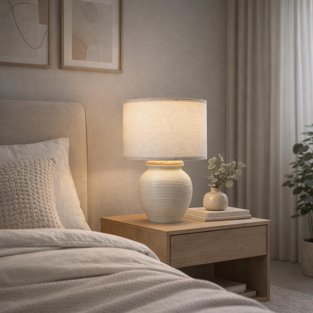White Handmade Ceramic Table Lamp – Handcrafted Ribbed Bat Trang Pottery Base, Fine Artisan Texture, Elegant Minimalist Decor
