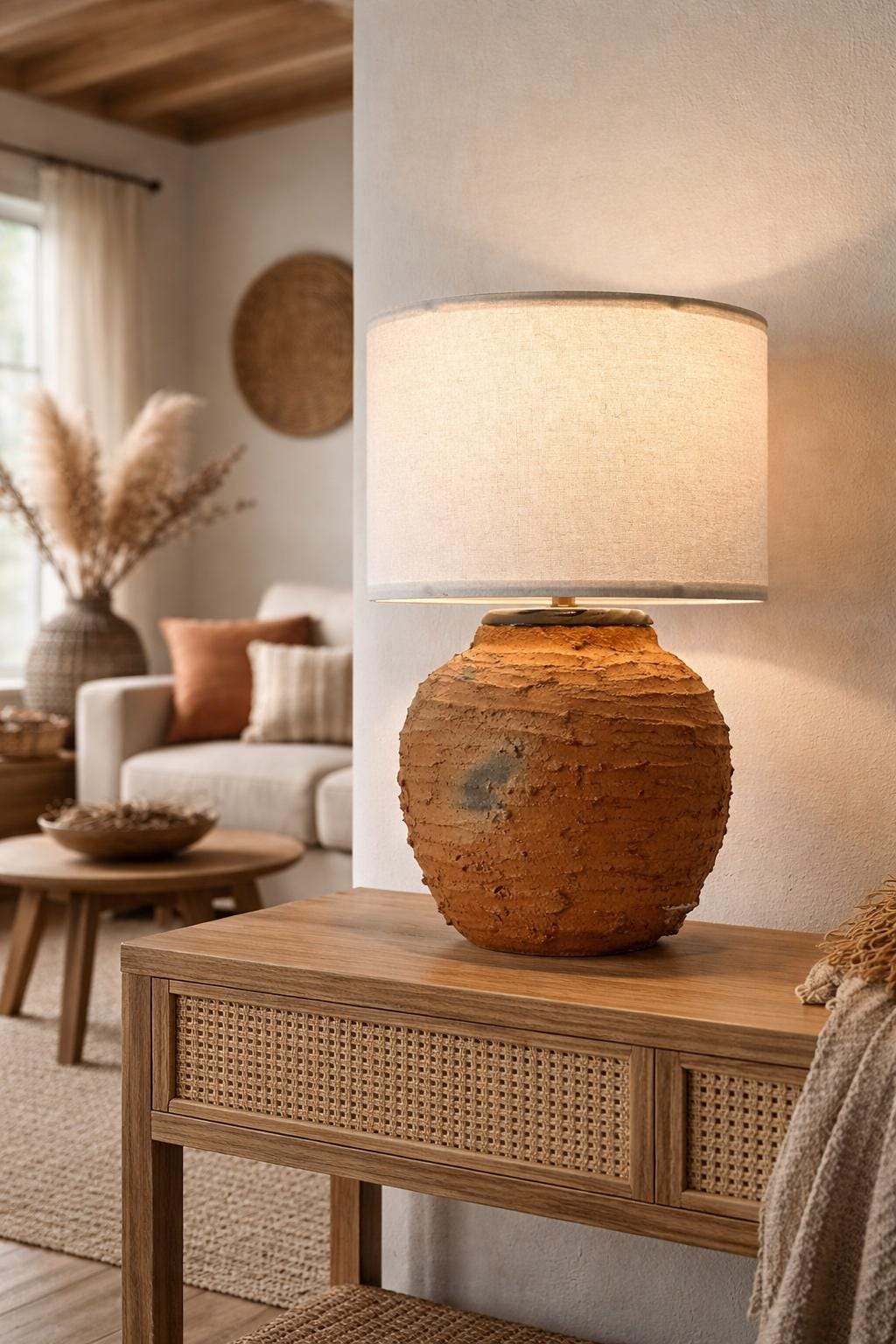 Handcrafted Cham Pottery Table Lamp, Ninh Thuan Vietnam Terracotta Ceramic Base, Artisan Vase Design, Minimalist Rustic Home Decor