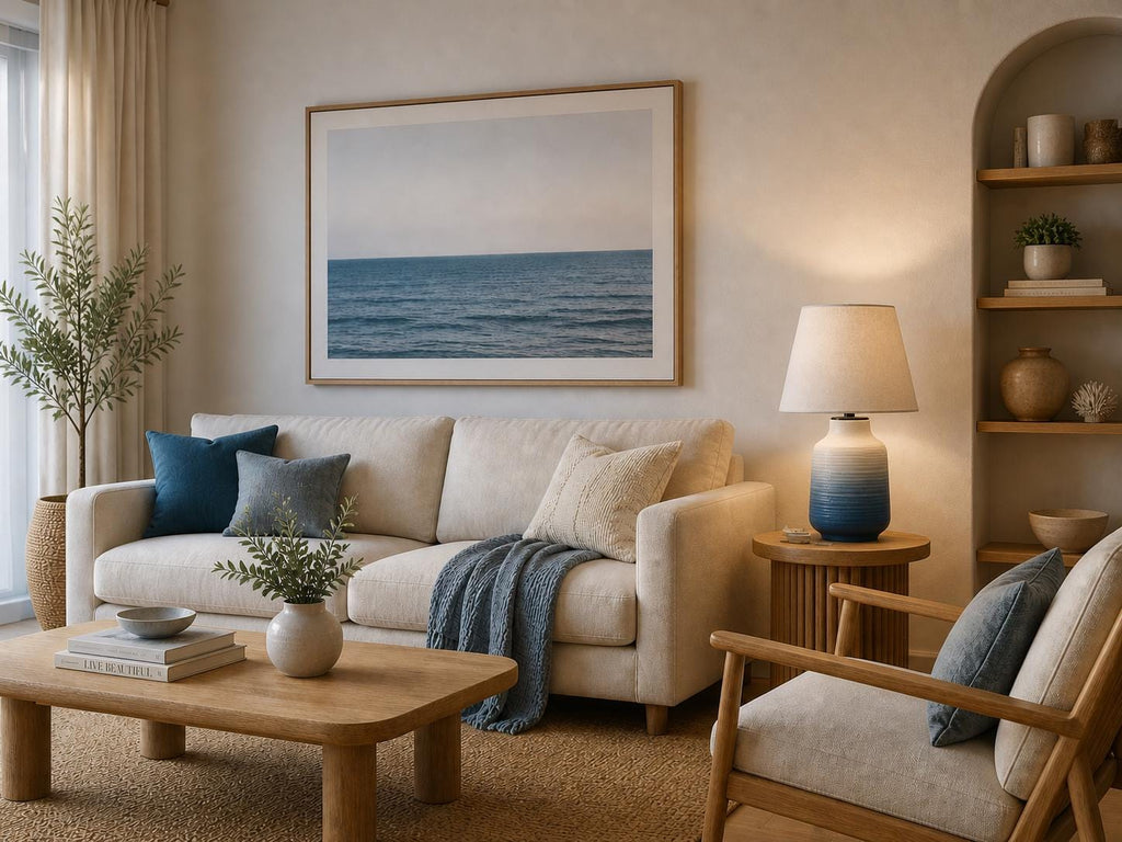Handmade Ceramic Table Lamp – Ocean Gradient, Bat Trang Pottery, Minimalist Design