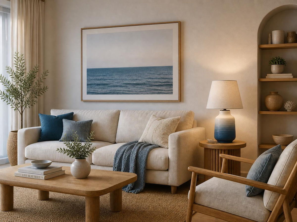 Handmade Ceramic Table Lamp – Ocean Gradient, Bat Trang Pottery, Minimalist Design