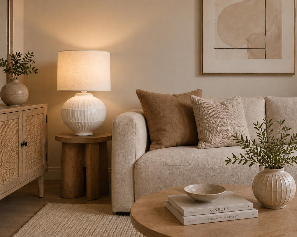 Handmade ceramic table lamp with a hand-painted ceramic body and soft fabric shade, casting a warm wabi-sabi glow.