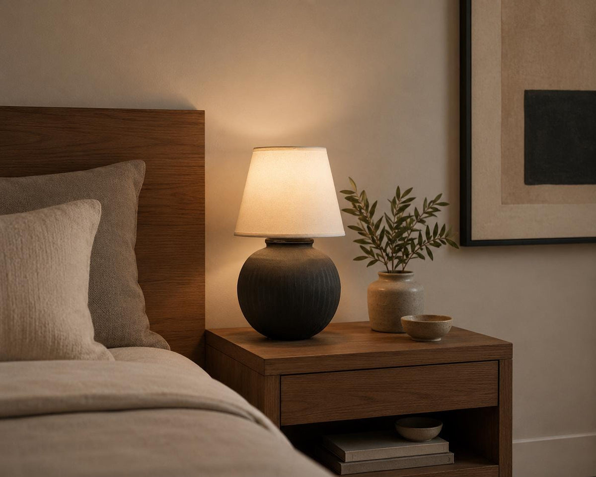 Handmade Black Ceramic Table Lamp, Ribbed Texture, Linen Shade, Wabi-Sabi Glow