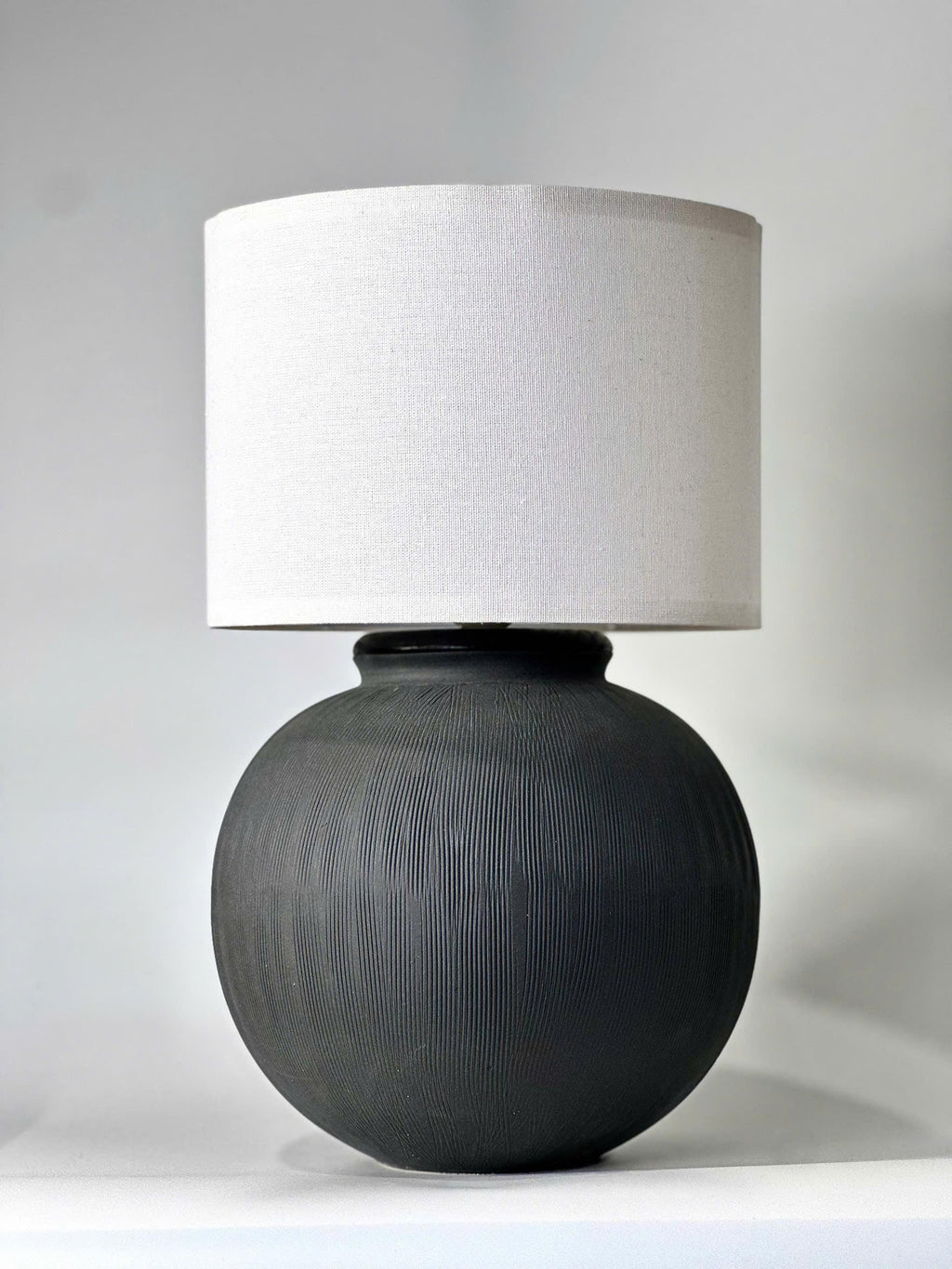 Handmade Black Ceramic Table Lamp, Ribbed Texture, Linen Shade, Wabi-Sabi Glow