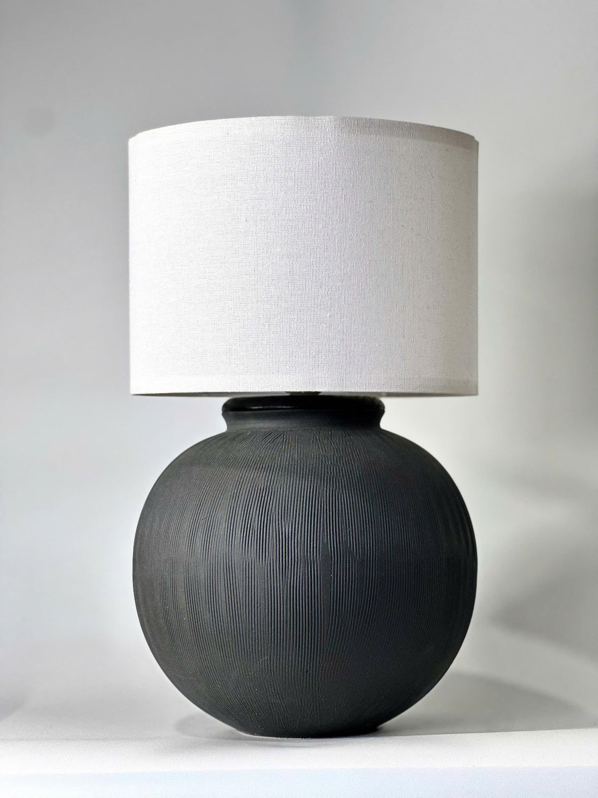 Handmade Black Ceramic Table Lamp, Ribbed Texture, Linen Shade, Wabi-Sabi Glow