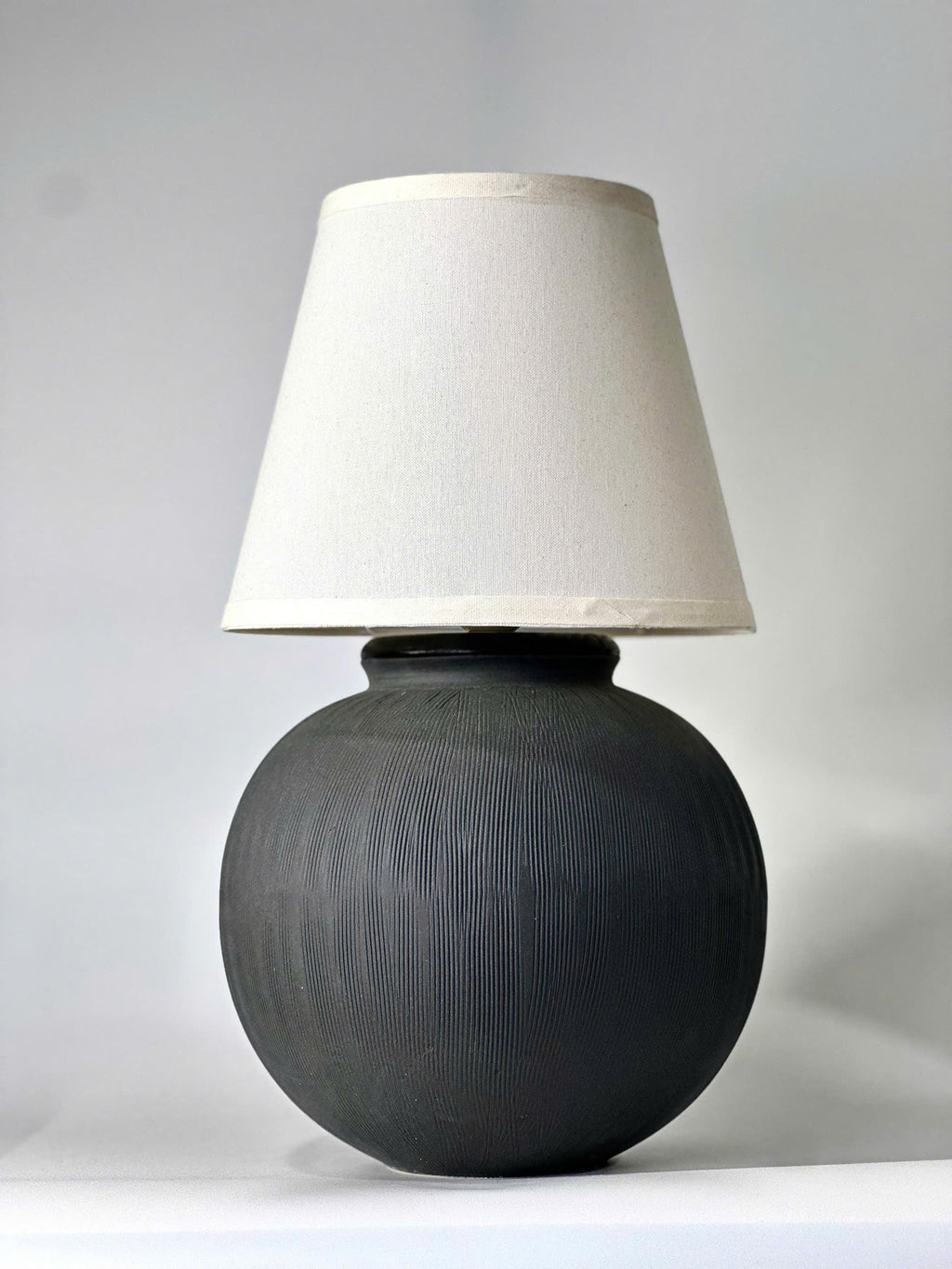Handmade Black Ceramic Table Lamp, Ribbed Texture, Linen Shade, Wabi-Sabi Glow