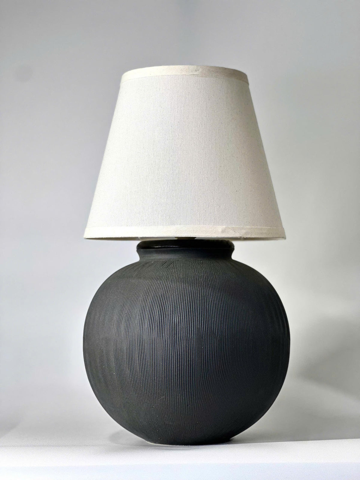 Handmade Black Ceramic Table Lamp, Ribbed Texture, Linen Shade, Wabi-Sabi Glow