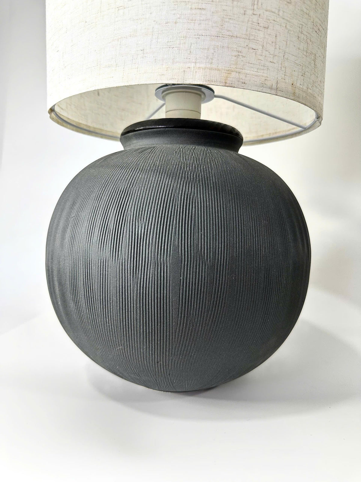 Handmade Black Ceramic Table Lamp, Ribbed Texture, Linen Shade, Wabi-Sabi Glow