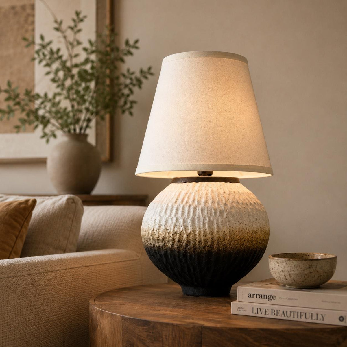 Handmade Ceramic Table Lamp, Textured Green-Black Ivory Glaze, Linen Shade, Wabi-Sabi Glow
