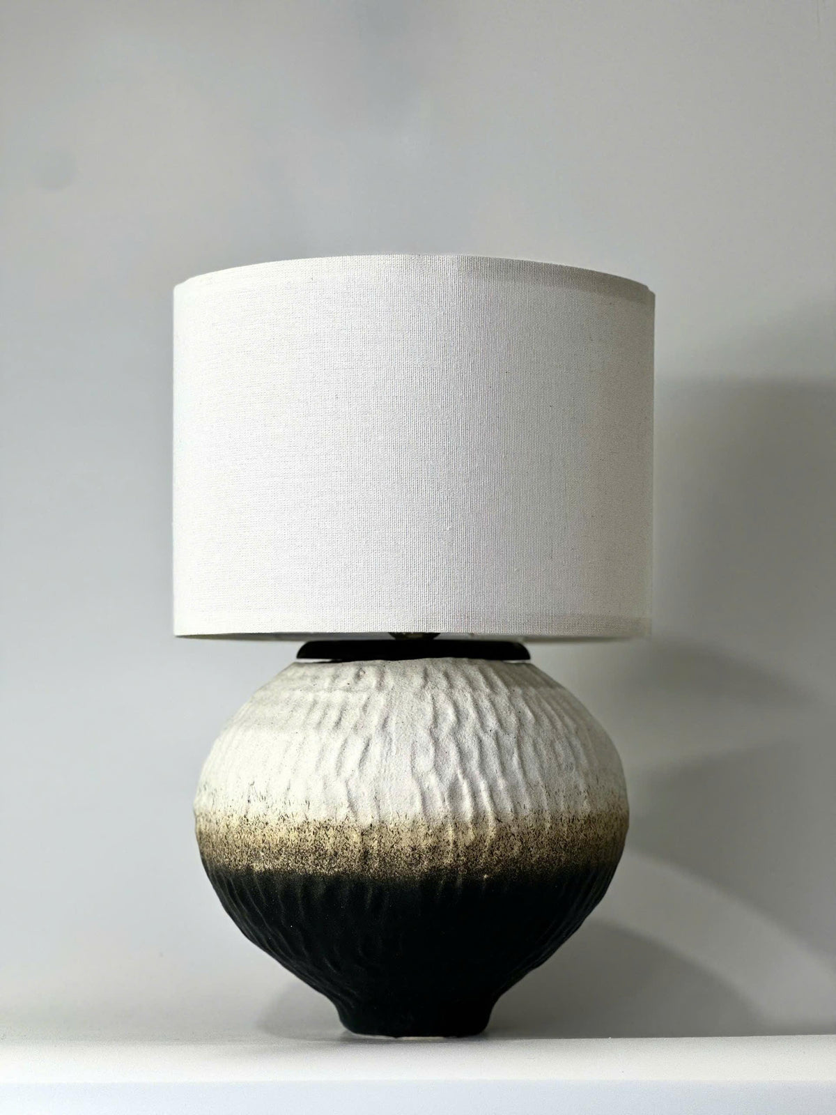 Handmade Ceramic Table Lamp, Textured Green-Black Ivory Glaze, Linen Shade, Wabi-Sabi Glow