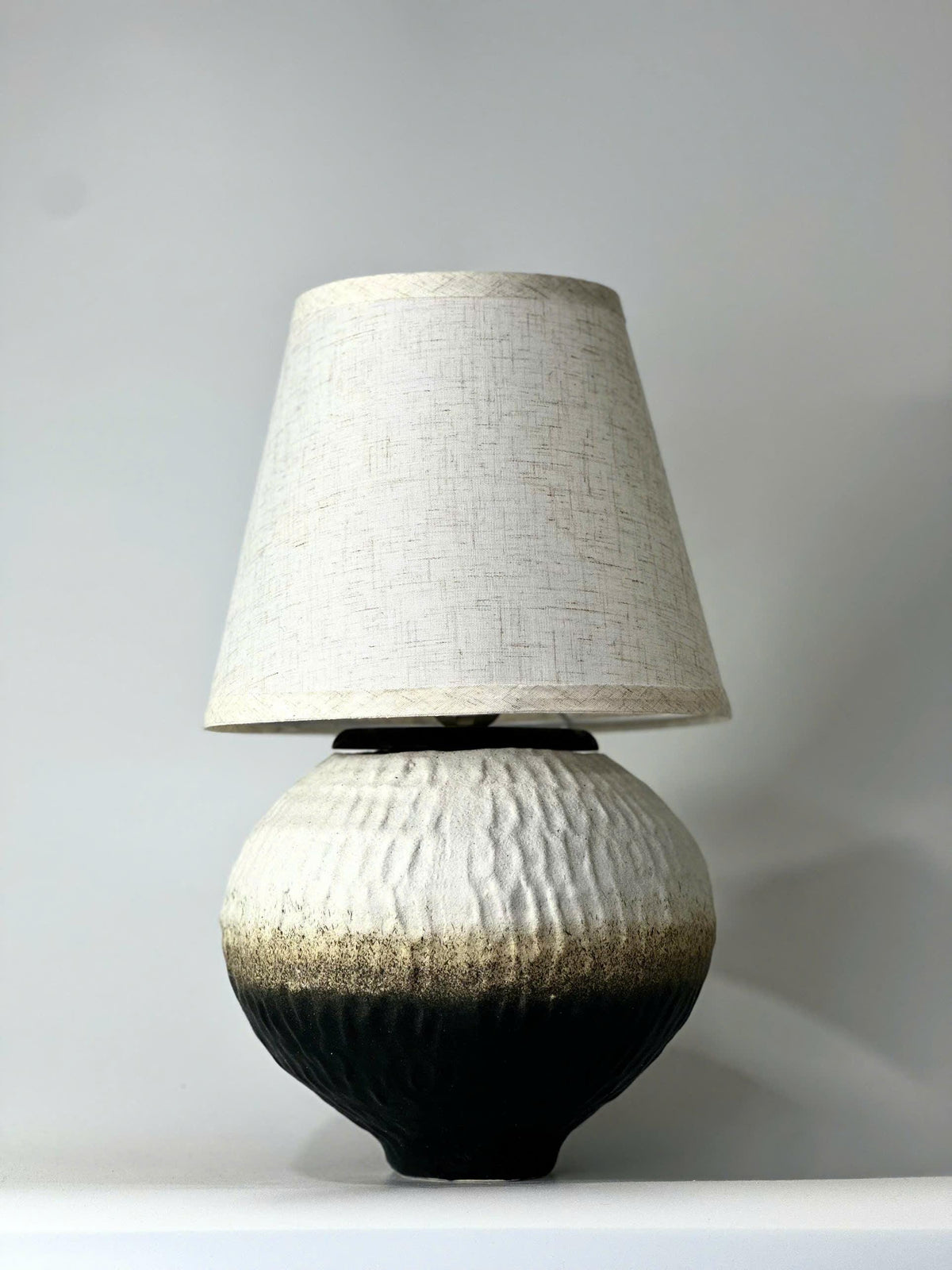 Handmade Ceramic Table Lamp, Textured Green-Black Ivory Glaze, Linen Shade, Wabi-Sabi Glow