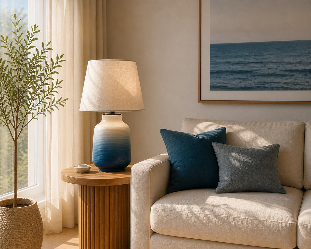 Handmade Ceramic Table Lamp – Ocean Gradient, Bat Trang Pottery, Minimalist Design