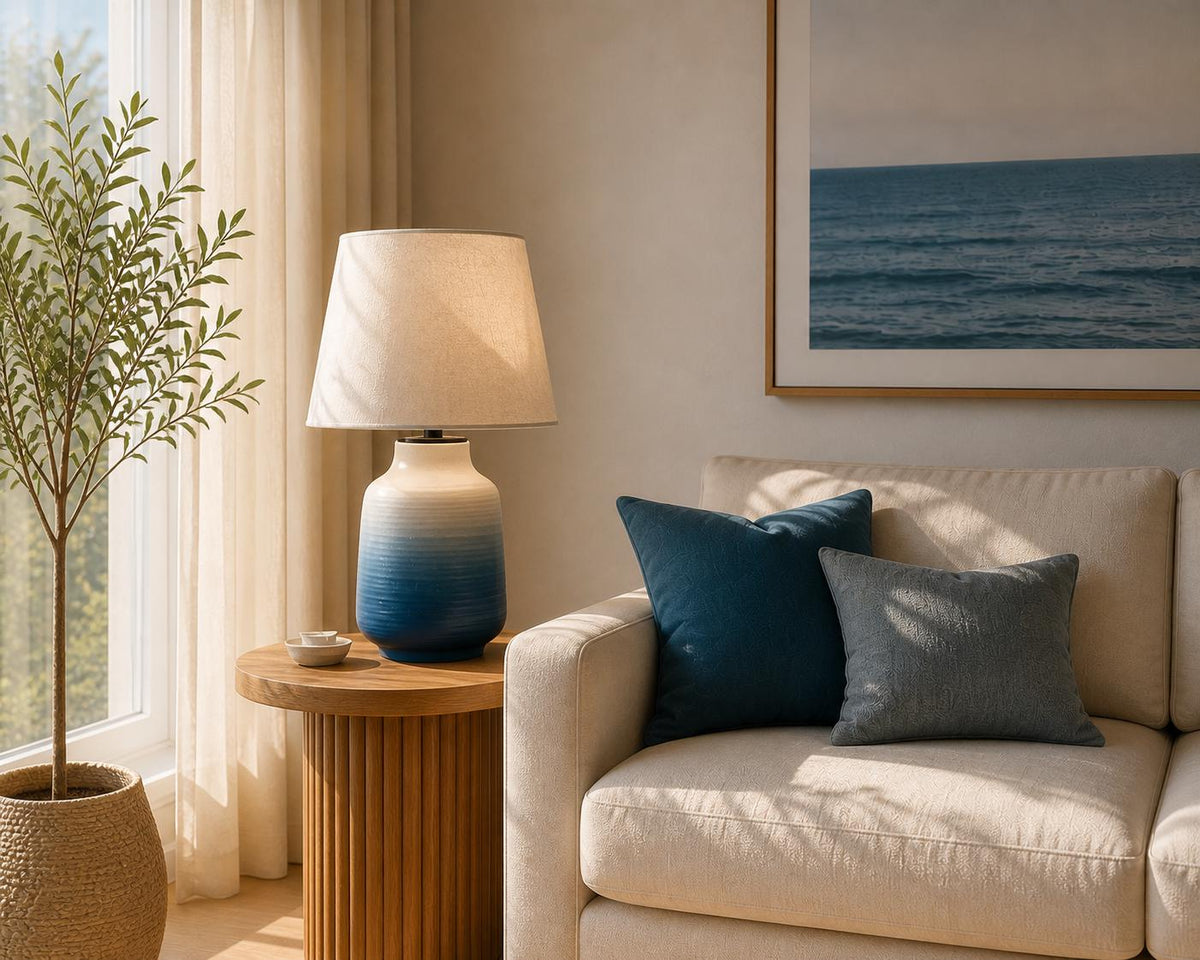 Handmade Ceramic Table Lamp – Ocean Gradient, Bat Trang Pottery, Minimalist Design