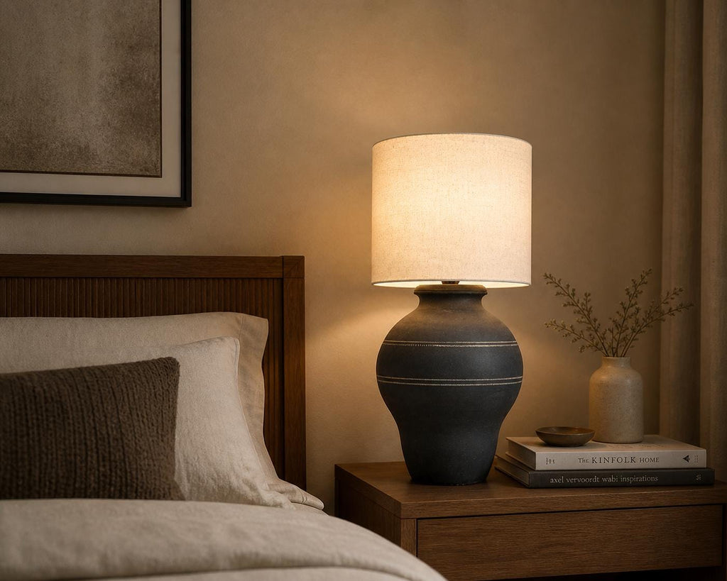 Handmade Ceramic Table Lamp, Wabi-Sabi Silhouette, Fabric Shade, Ambient Glow