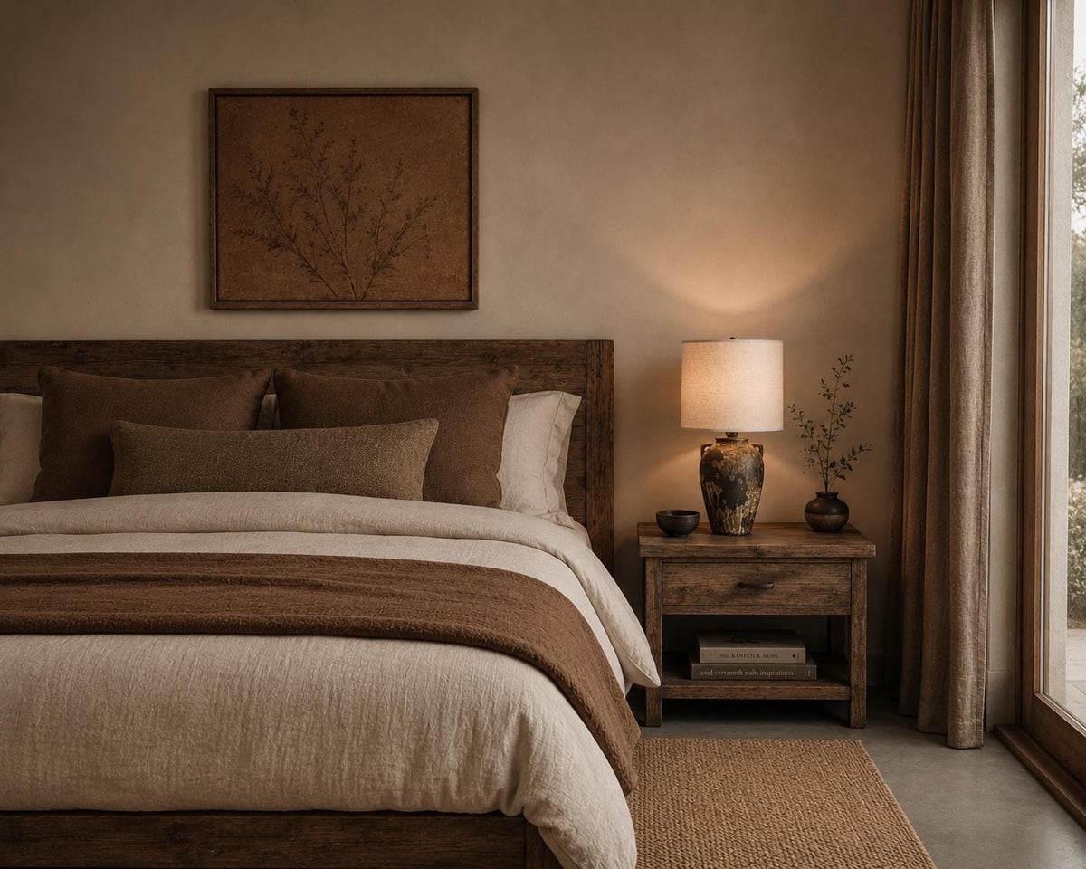 Handmade ceramic table lamp with ancient side handles, a wabi-sabi silhouette, and soft fabric shade casting a warm, timeless glow.