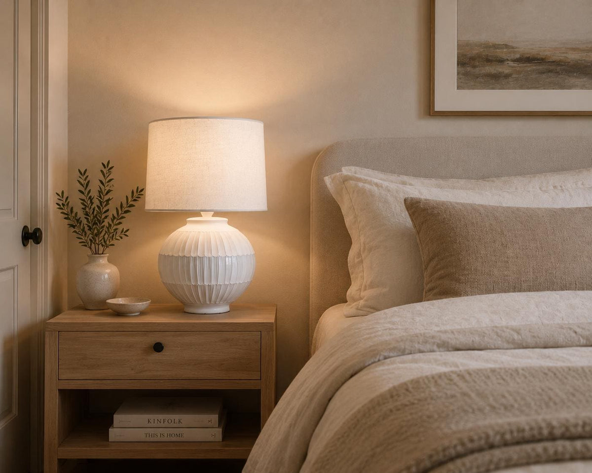 Handmade ceramic table lamp with a hand-painted ceramic body and soft fabric shade, casting a warm wabi-sabi glow.