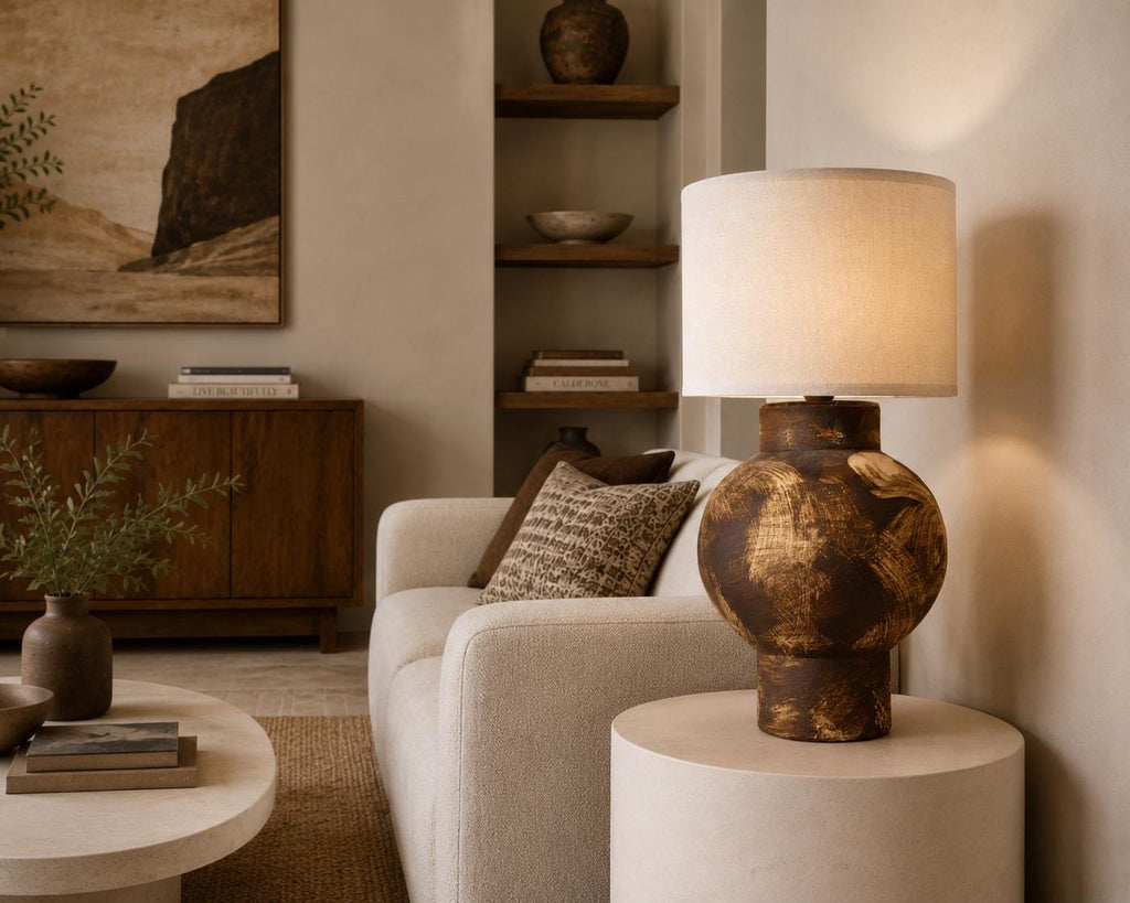 Hand-Painted Ceramic Table Lamp, Wabi-Sabi Silhouette, Warm Glow