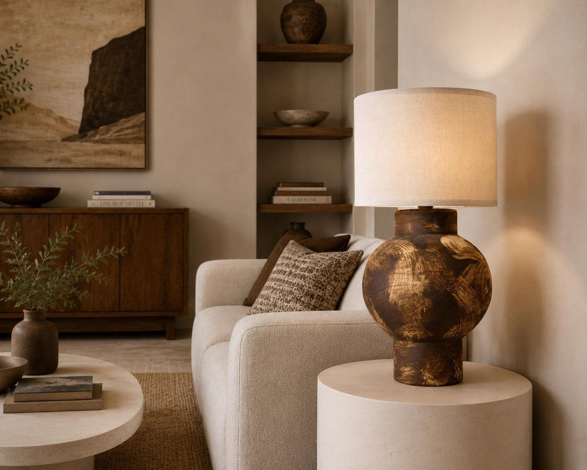 Hand-Painted Ceramic Table Lamp, Wabi-Sabi Silhouette, Warm Glow