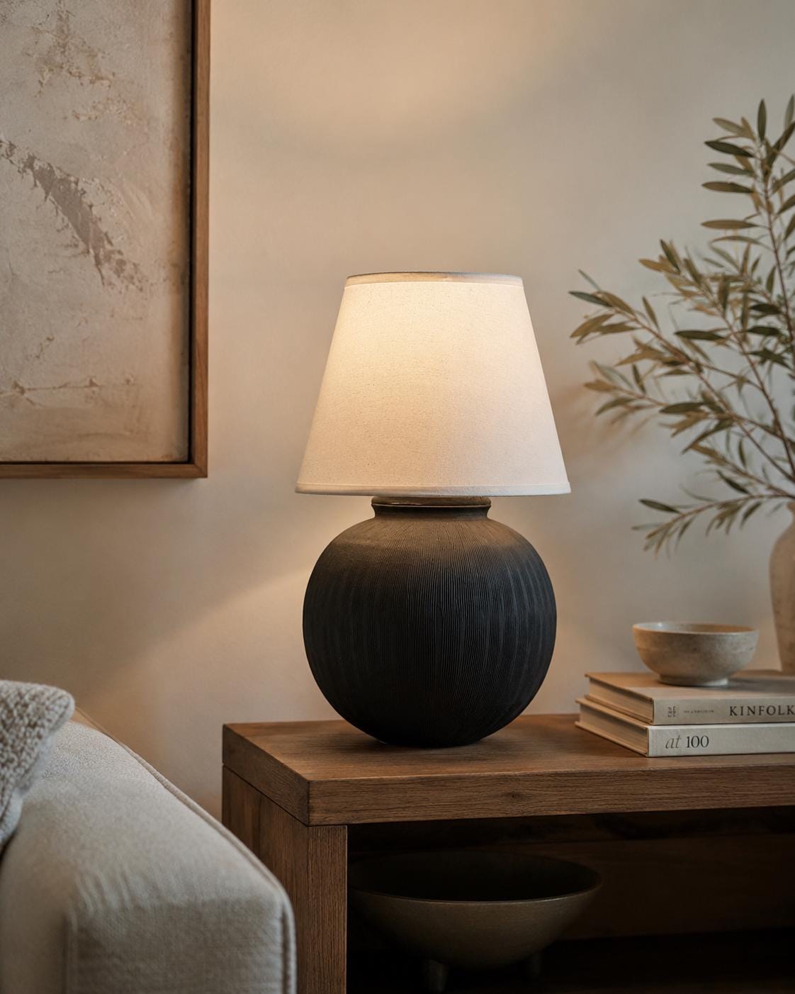 Handmade Black Ceramic Table Lamp, Ribbed Texture, Linen Shade, Wabi-Sabi Glow