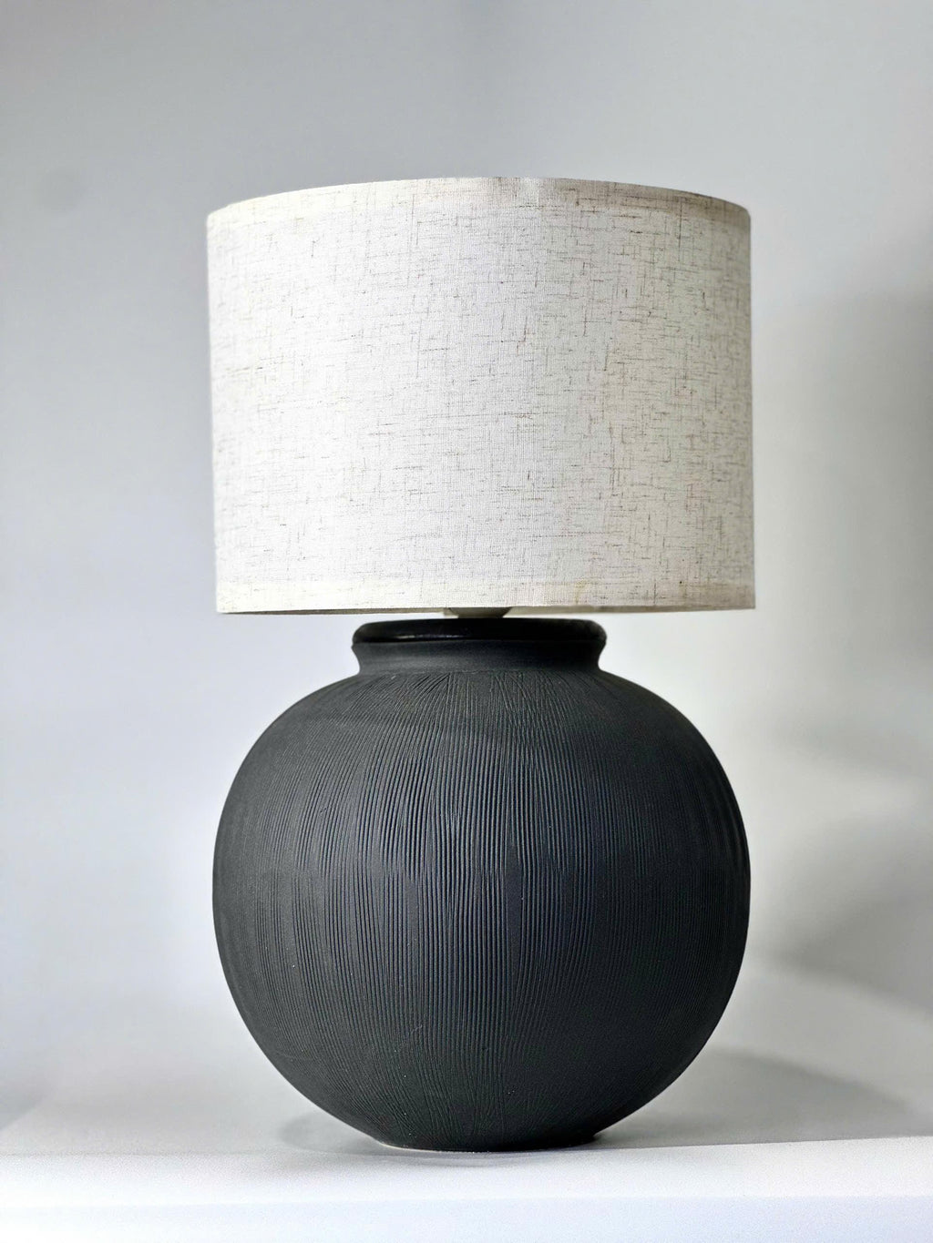 Handmade Black Ceramic Table Lamp, Ribbed Texture, Linen Shade, Wabi-Sabi Glow