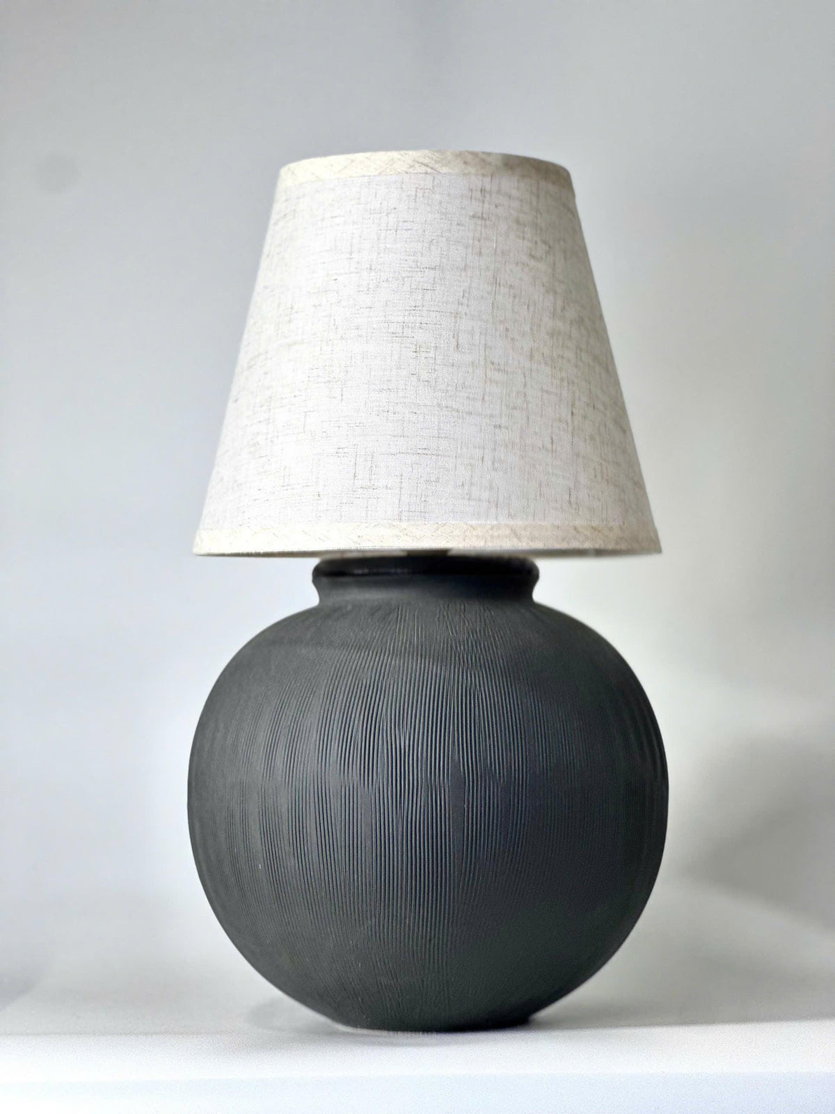 Handmade Black Ceramic Table Lamp, Ribbed Texture, Linen Shade, Wabi-Sabi Glow