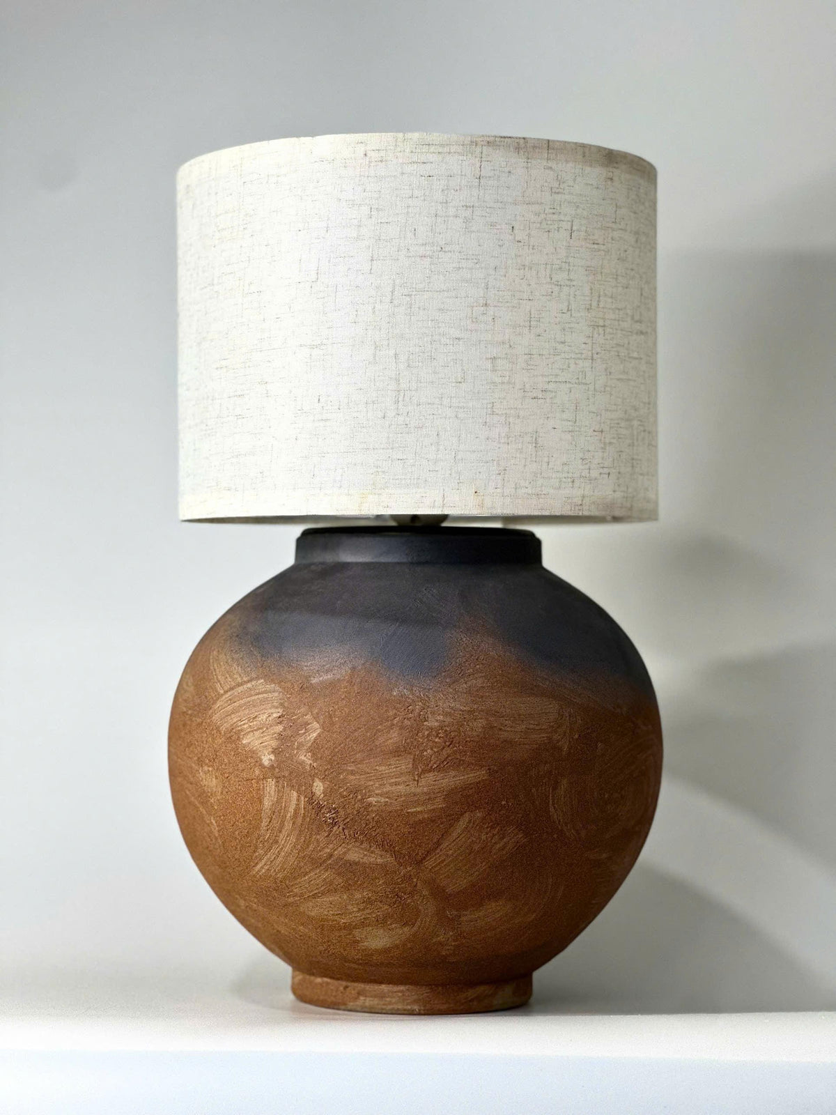 Handcrafted Ceramic Lamp, Ancient Vessel Base, Textured Glaze, Linen Shade, Wabi-Sabi Glow