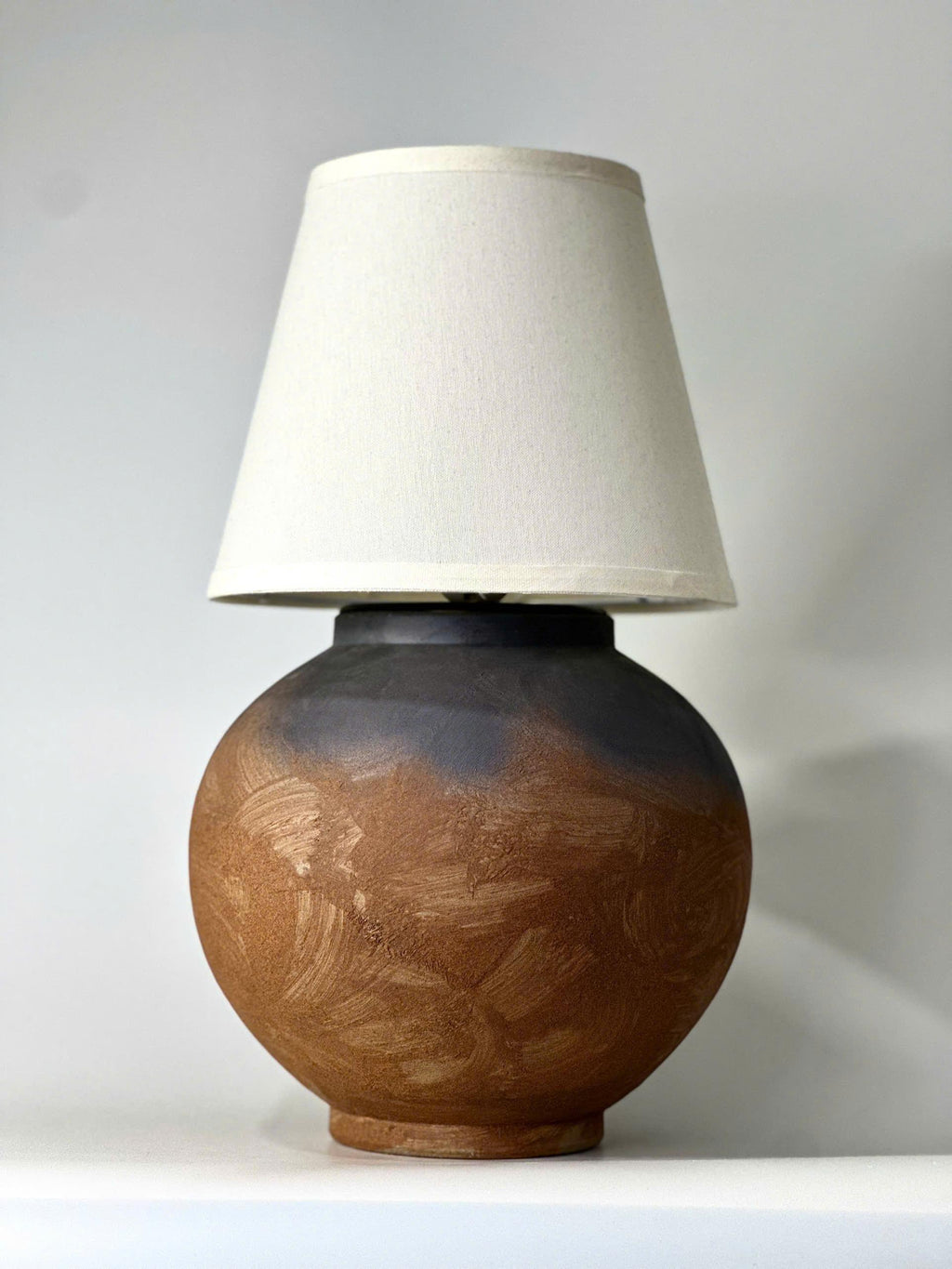 Handcrafted Ceramic Lamp, Ancient Vessel Base, Textured Glaze, Linen Shade, Wabi-Sabi Glow