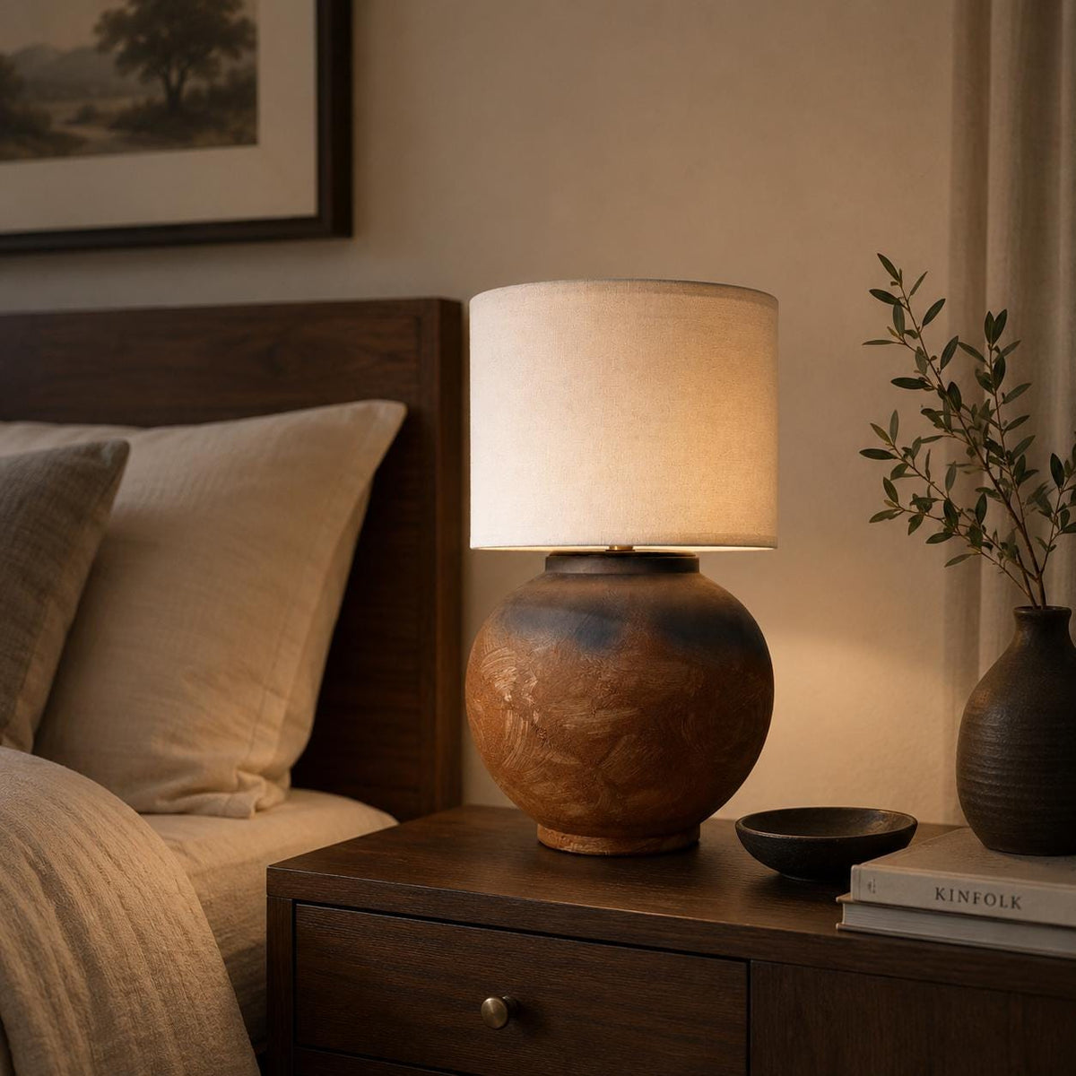 Handcrafted Ceramic Lamp, Ancient Vessel Base, Textured Glaze, Linen Shade, Wabi-Sabi Glow