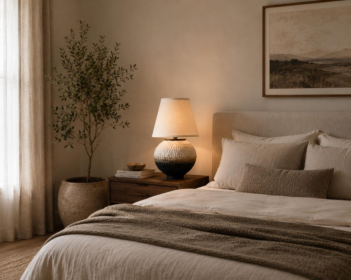 Handmade Ceramic Table Lamp, Textured Green-Black Ivory Glaze, Linen Shade, Wabi-Sabi Glow