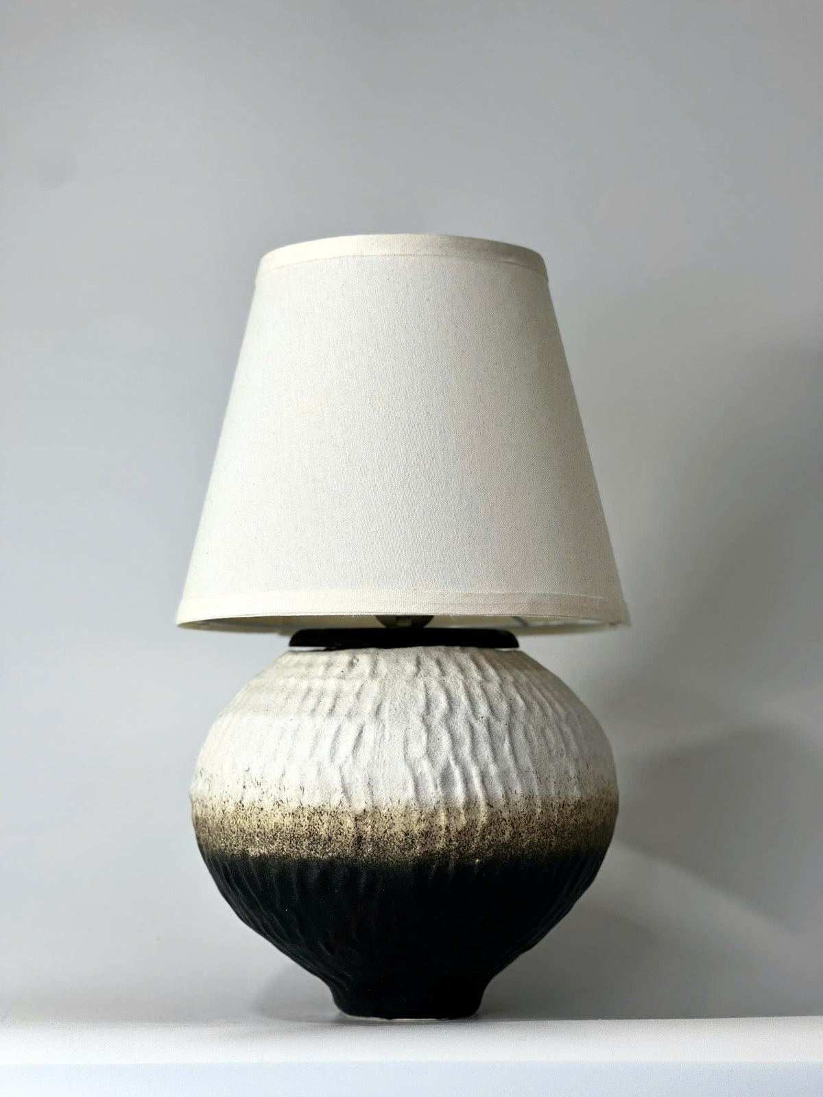 Handmade Ceramic Table Lamp, Textured Green-Black Ivory Glaze, Linen Shade, Wabi-Sabi Glow