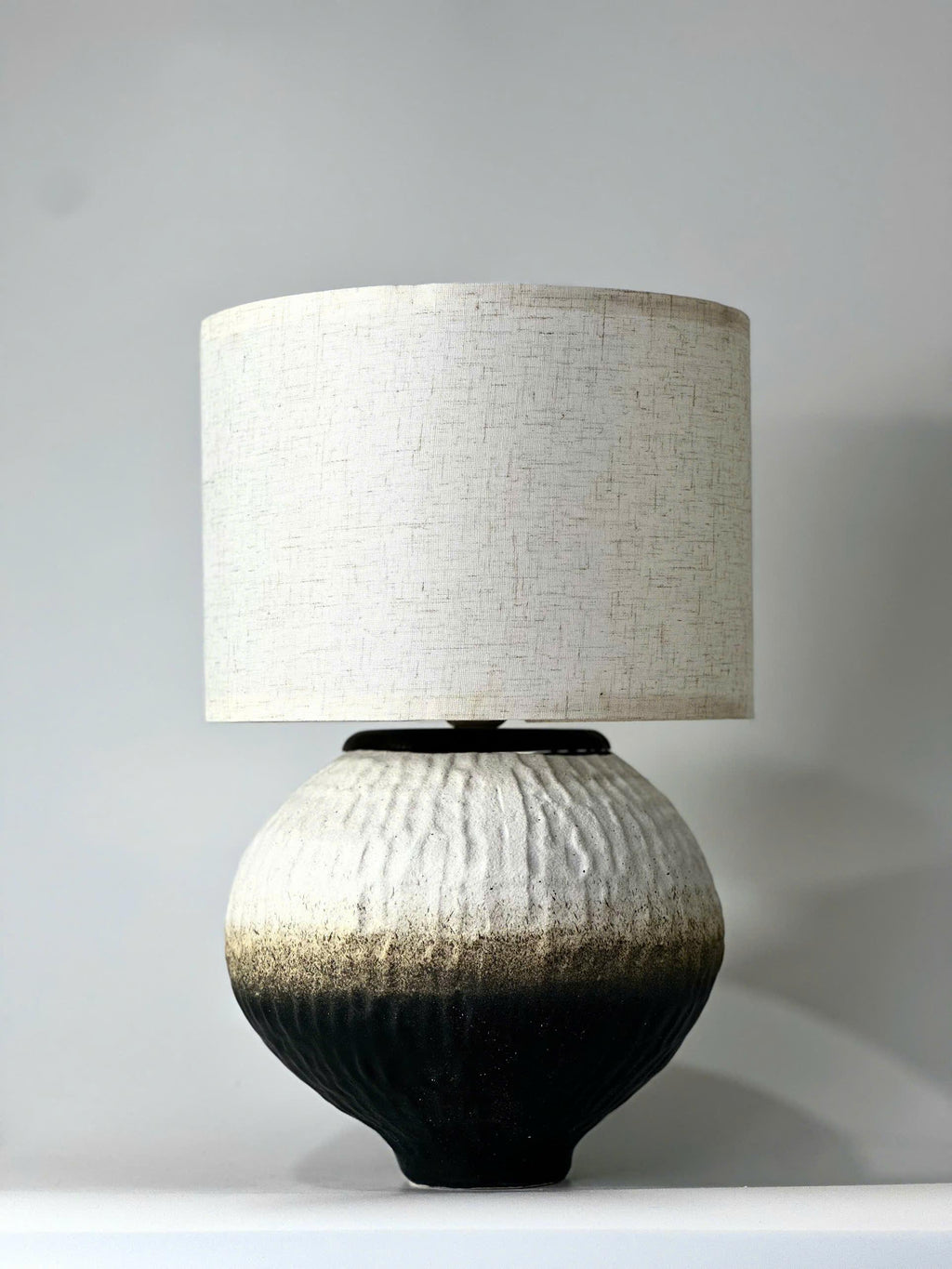 Handmade Ceramic Table Lamp, Textured Green-Black Ivory Glaze, Linen Shade, Wabi-Sabi Glow