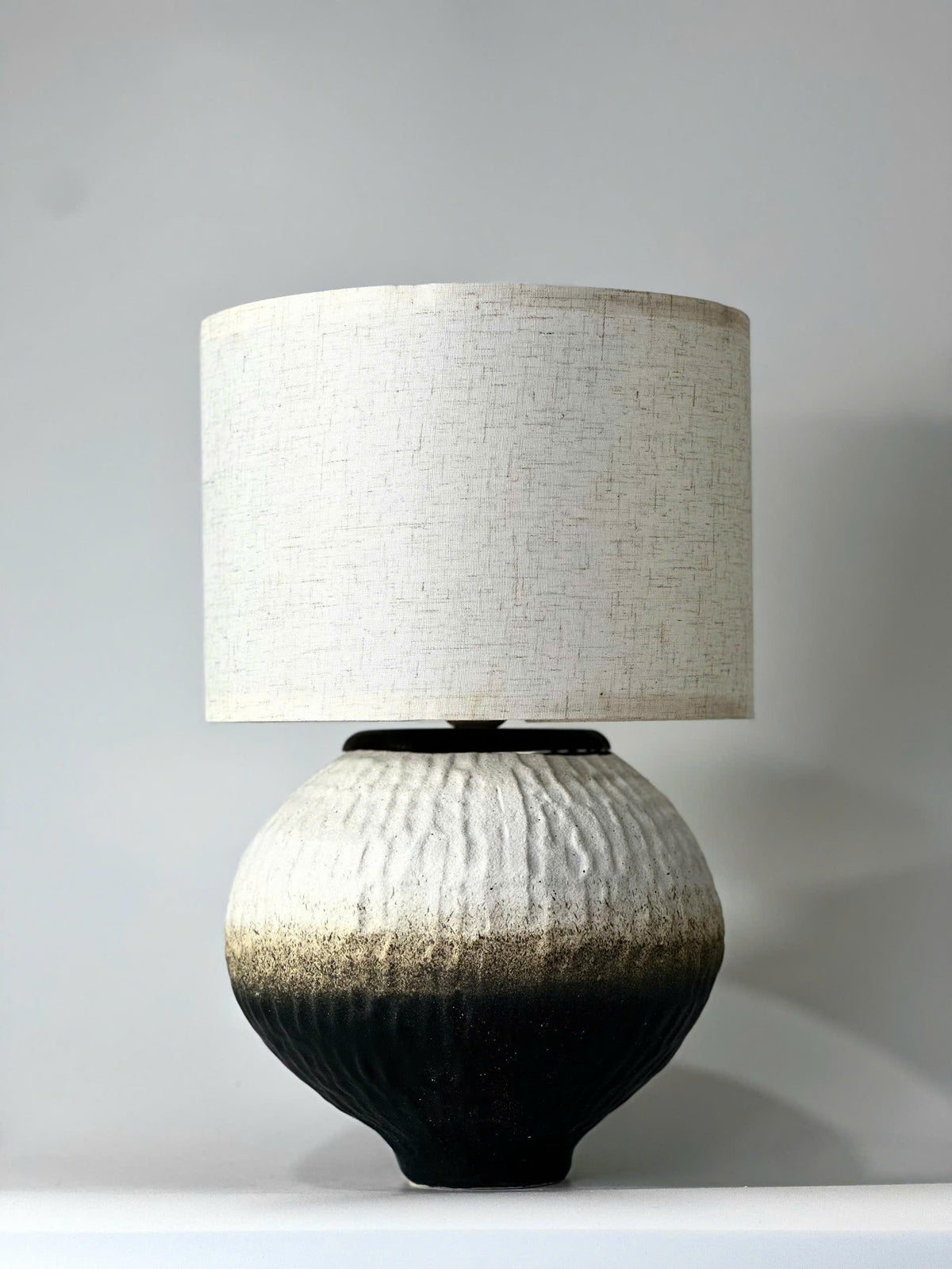 Handmade Ceramic Table Lamp, Textured Green-Black Ivory Glaze, Linen Shade, Wabi-Sabi Glow
