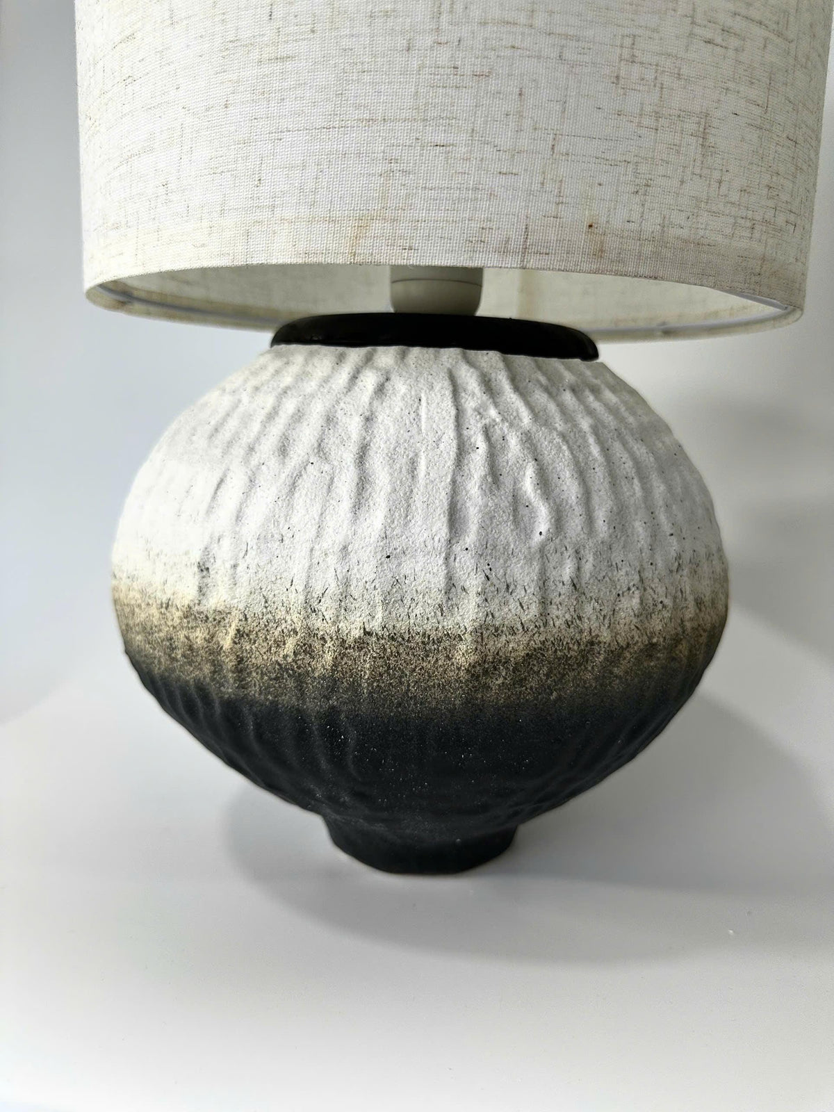 Handmade Ceramic Table Lamp, Textured Green-Black Ivory Glaze, Linen Shade, Wabi-Sabi Glow