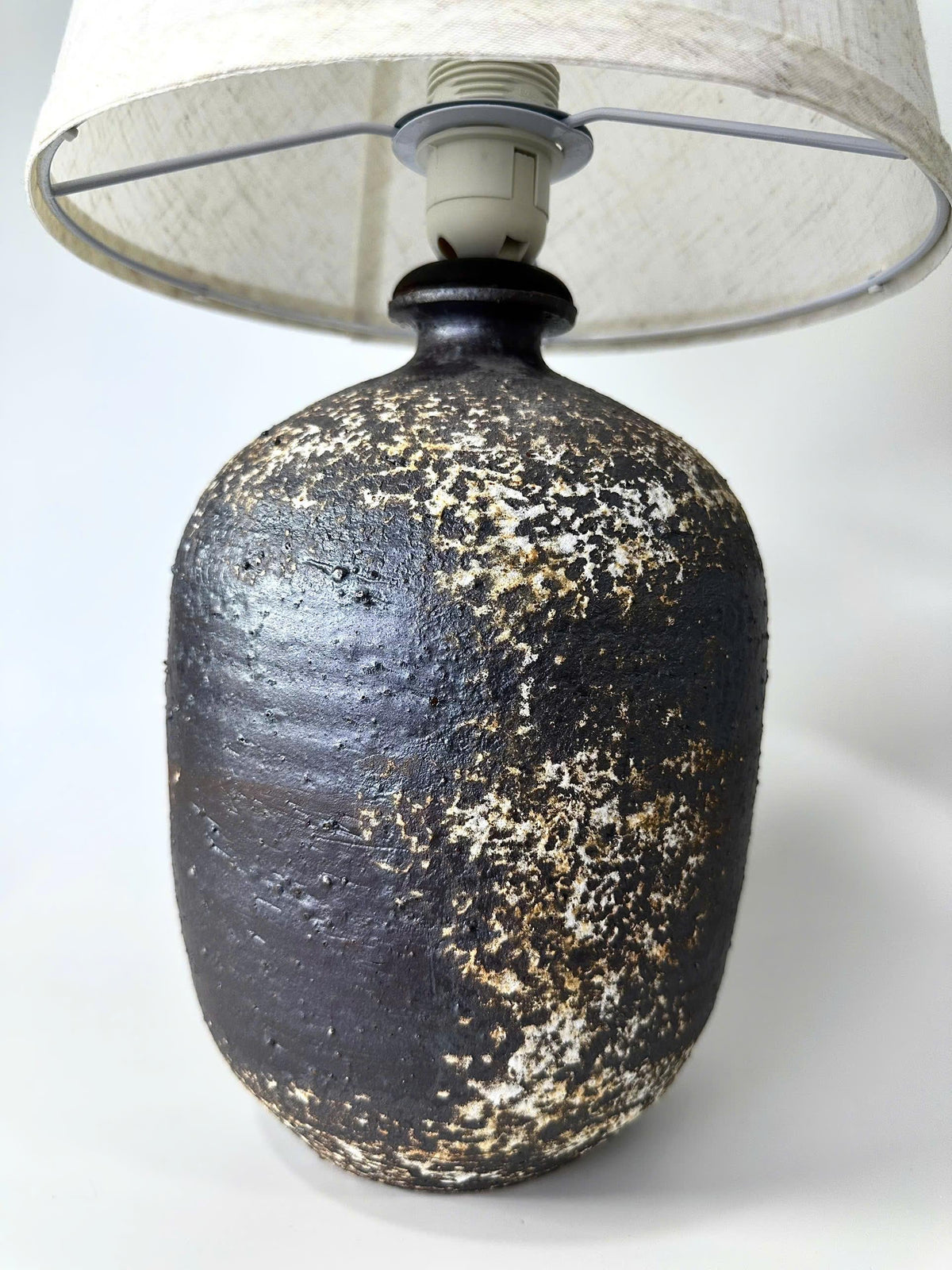 Handcrafted Ceramic Lamp, Ancient Cylindrical Form, Textured Glaze, Linen Shade, Wabi-Sabi Glow